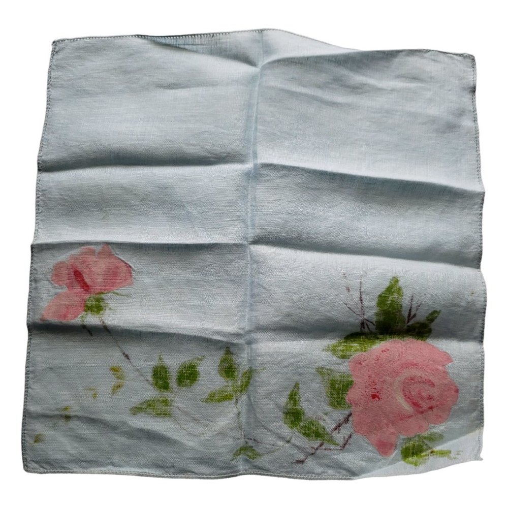 Vtg Ladies Handkerchief /Hankies Light Blue Linen with hand painted Pink Roses - Picture 5 of 7